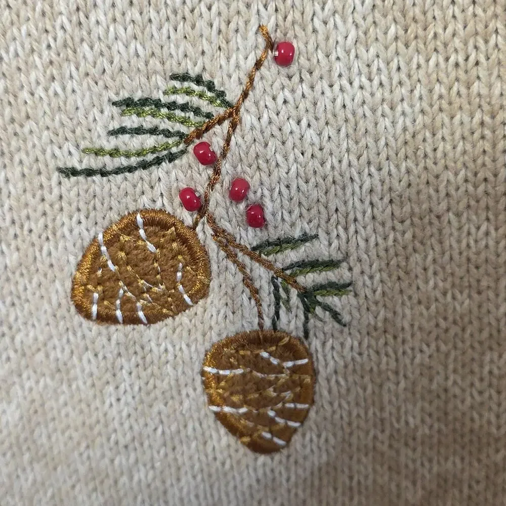 Breckenridge Oatmeal Embroidered Birds Beads Sweater Cardigan Women 2X Cabincore
